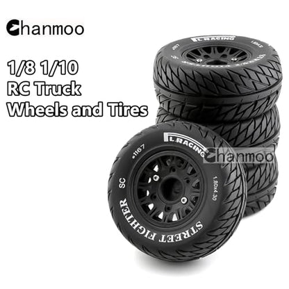 1/10 RC Short Course Truck Tires And Wheels With 12mm 14mm 17mm Hex 113mm 1/8 Rubber Tyres For 1/8 or 1/10 Scale On Road Car HSP Sonic 94102 GT PTG-2 Tamiya TT02 RC Racing Car 4PCS (Black B) - color: Black B