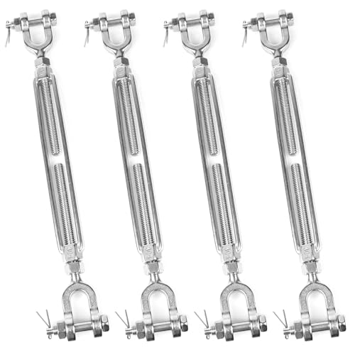 4 PCS M10 Turnbuckle 3/8" 304 Stainless Steel Jaw and Jaw Turnbuckle Tensioner, Heavy Duty Cable Tensioner, 2860 LBS Working Load Limit, Adjustable Turnbuckles for Cables Wire, Clothesline, Shade Sail - size: 3/8"-4 Pack