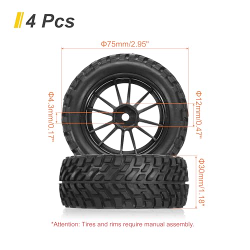 uxcell 4-Pair High-Grip RC Car Tire & Wheel Set for 1/10 Scale On-Road Touring Cars - Soft Rubber Tyres with 12mm Hubs, Black, Type E