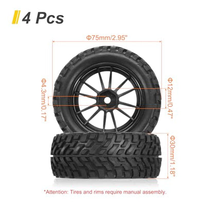 uxcell 4-Pair High-Grip RC Car Tire & Wheel Set for 1/10 Scale On-Road Touring Cars - Soft Rubber Tyres with 12mm Hubs, Black, Type E