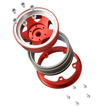1.3 Beadlock Wheel - Aluminum & Brass Wheel Rims for TRX4M SCX24 1/18 1/24 | Brass Negative Offset 1.3” Wheel Hub Width 15mm OD 37mm with 7mm Hex Fit FMS Ascent-18 RC Car Off Road Tire, 4pcs (Red) - color: Red