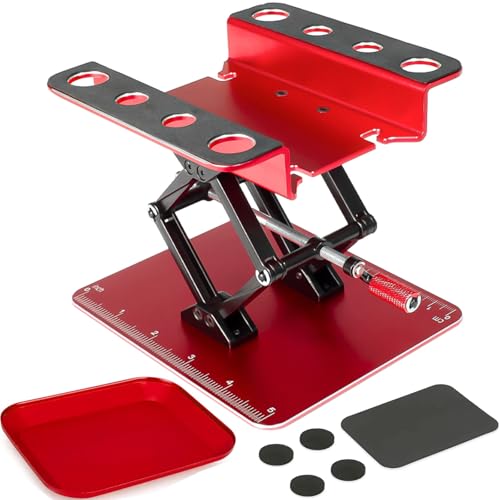 RC Work Stand,RC Repair Workstation Lift Lower with Screw Tray for 1/8 1/10 1/12 TRX4 Axial Redcat Losi RC Crawler Car Truck, Aluminum 360° Rotating Repair Station with Lift Lower Height Platform
