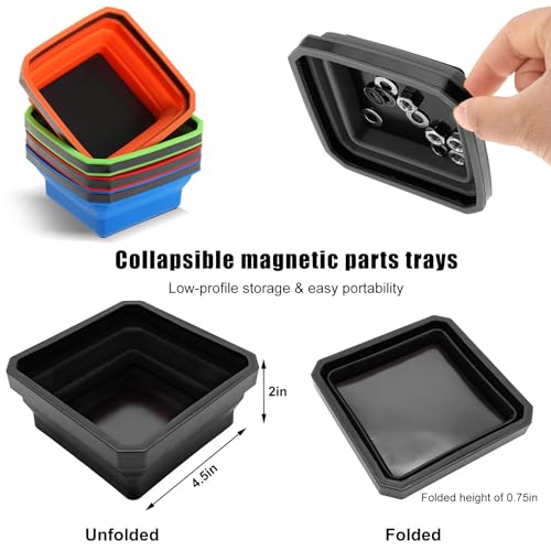 Yourkar Collapsible Magnetic Parts Tray, 4.5 Inch Foldable Magnetic Square Silicone Tray, Tool Tray Set with Double-Sided Magnetic Base for Screw Bolts Nuts Pins, Car Accessories (Black, 1 PCS) - color: Black, 1 PCS