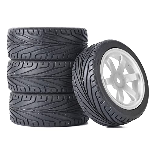 4PCS RC Car Rubber Tires and Plastic Wheels Rims Compatible with 1/10 Scale On Road Touring Racing Flat Drift Car for HSP HPI Tamiya(White) - color: White