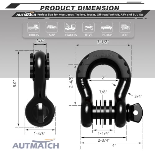AUTMATCH 3/4" D Ring Shackles (2-Pack) - 41,887 lbs Break Strength | Heavy Duty Clevis Shackle with 7/8" Pin & Isolator Washer Kit for Tow Strap, Winch, Towing & Off-Road Vehicle Recovery, Black - color: Black