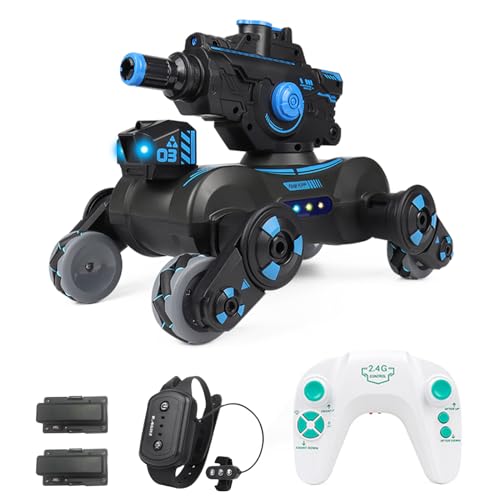 RC Tank That Shoots, RC Stunt Car Shooting Water Bullets, Gesture Sensing Remote Control Tank with 360° Rotating, Spray, Light and Music, 2.4GHz 4WD All Terrains RC Cars for Adults (Black) - color: Black, size: 1 Battery