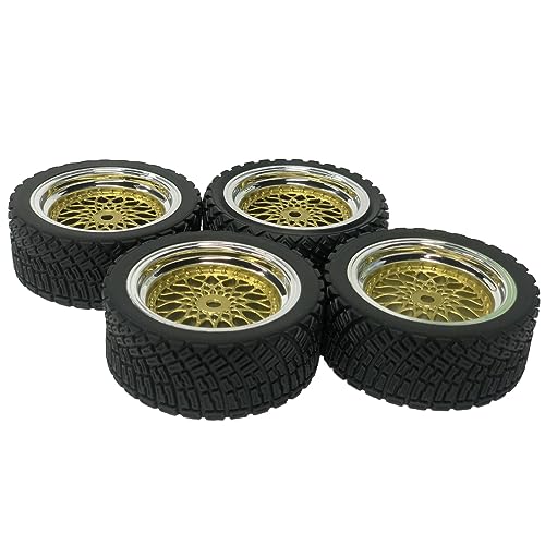 4PCS 65mm RC Rally Car Rubber Tires and Plastic Plating Wheel Rims Set 12mm Hex for 1/10 RC On-Road Rally Drift Racing Car for HSP Tamiya Sakura HPI WR8 HSP TT02 WLtoys (Gold Silver) - color: Gold Silver