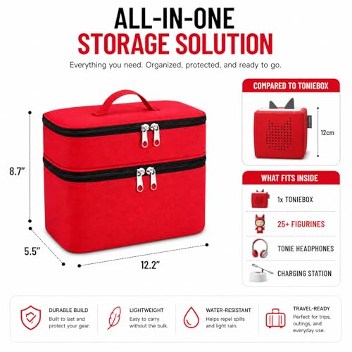Bevegekos 2-Layer Carrying Case for Toniebox Gen 1 & 2, Holds 25+ Figures | EPE foam padded, 2 velcro dividers, fits headphones & charging station, adjustable strap, ideal for travel and daily use - color: Red