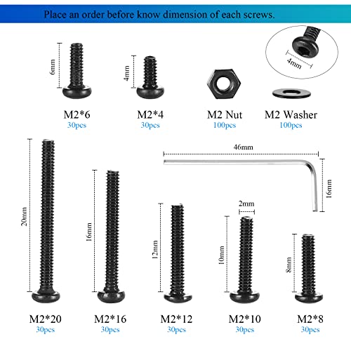 410Pcs Tiny Button Head Hex Socket Cap Screws, Black Grade 10.9 Alloy Steel, M2 x 4/6/8/10/12/16/20mm Allen Head Machine Screws, Nuts and Washers Kit with Hex Key, Fully Threaded Pitch: 0.4mm - color: Black-410Pcs M2 Button Head Socket Screw-10.9