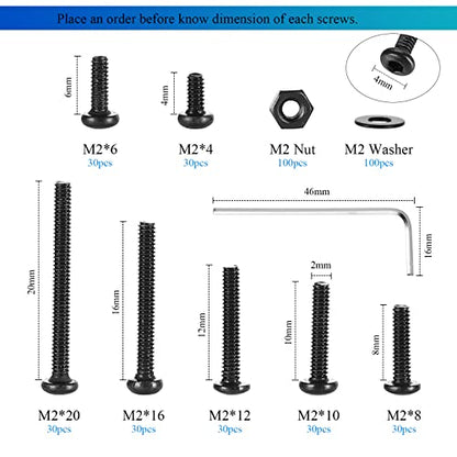 410Pcs Tiny Button Head Hex Socket Cap Screws, Black Grade 10.9 Alloy Steel, M2 x 4/6/8/10/12/16/20mm Allen Head Machine Screws, Nuts and Washers Kit with Hex Key, Fully Threaded Pitch: 0.4mm - color: Black-410Pcs M2 Button Head Socket Screw-10.9