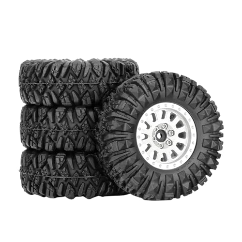 4PCS 1.3" Aluminum Alloy Beadlock Wheel Rims All-Terrain Tyre 70mm Rubber Tires Set with 5mm & 7mm Hex for 1/12 1/14 1/18 1/24 RC Rock Crawler Car Upgrade Parts (D-Silver) - color: D-silver