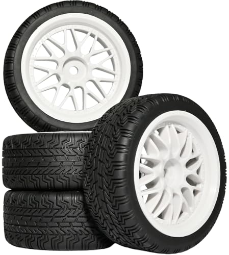 OD 2.65" On Road Rubber Tires Nylon Wheels- 12mm Hex for 1/10 RC Racing Car | Compatible with MJX HSP Tamiya HPI Kyosho Traxxas Sakura Redcat WLtoys 1/10 RC On-Road Racing Touring Car (4pcs, White) - style: D-White