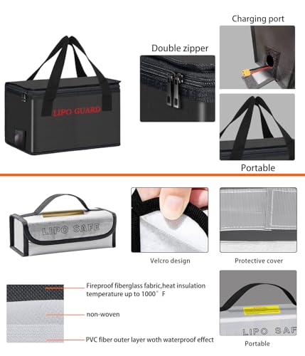 Lipo Battery Safe Bag Large Capatity Fireproof Bag for Ebike Lipo Battery Other Batteries Storage Charging Transport Home Office Travel Safe Storage Pouch - size: 260*130*150+185*75*60mm