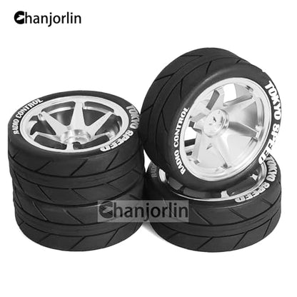 1/10 On Road Tires and Aluminum Wheels 12mm Hex RC Rally Racing Tyres OD 2.56" for Tamiya TT01 TT02 XV01 TA06 A959 PTG2 HPI KYOSHO PTG2 Traxxas 1:10 Street Touring Drift Car 4PCS (Silver) - color: Silver