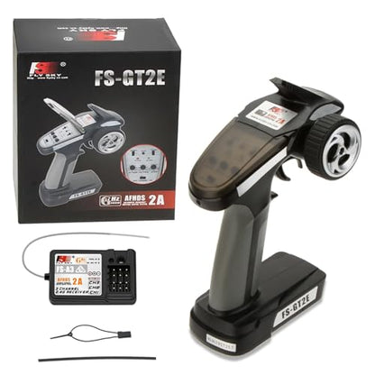 Flysky FS-GT2E Transmitter 2CH AFHDS Transmitter w/FS-A3 Receiver | AFHDS 2A Protocol, Adjustable Steering Dual‑rate. 100‑300m Range, Low Voltage Alert for Cars & Boats