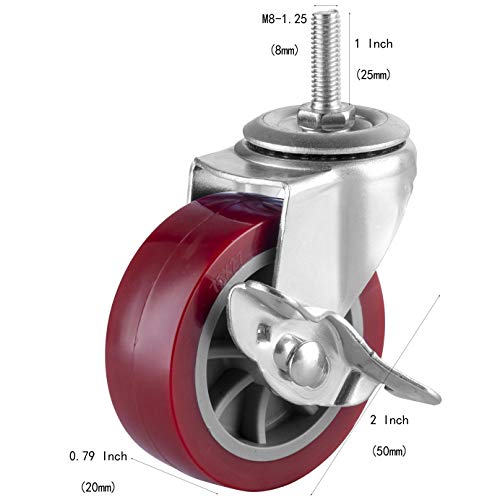 2 Inch Swivel Caster Wheels Set of 4, Locking Casters Heavy Duty Total Capacity 200lbs, Metric M8-1.25×25mm Threaded Stem PU Castors with Brake - color: Deep Red, size: 2 inch