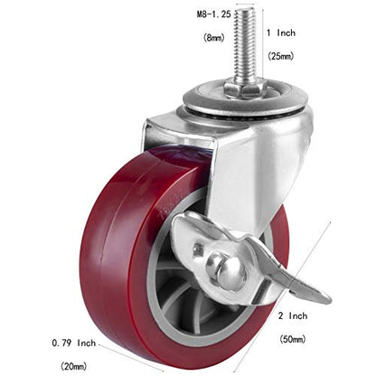 2 Inch Swivel Caster Wheels Set of 4, Locking Casters Heavy Duty Total Capacity 200lbs, Metric M8-1.25×25mm Threaded Stem PU Castors with Brake - color: Deep Red, size: 2 inch