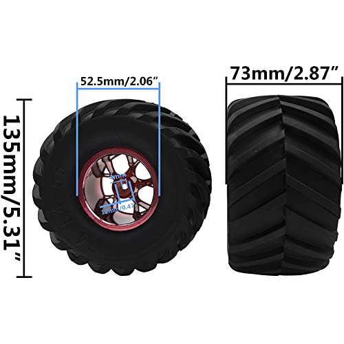5.31''OD Rubber Tires & Wheel Rim 12mm Hex Hub Compatible with Traxxas Rustler HPI HSP Volcano Tamiya Exceed Himoto 1/10 Off-Road Monster Truck,135mmx73mm (Red) - color: Red