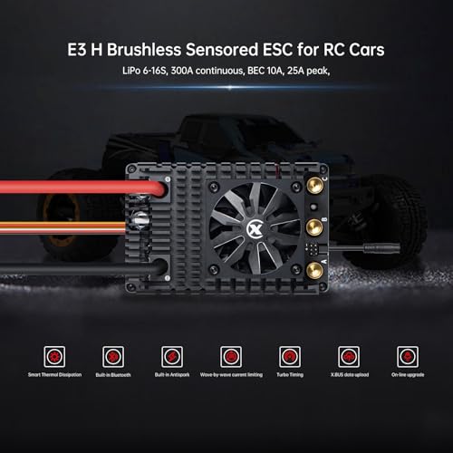 XC E3H Sensored Electric Brushless Motor Controller for RC Car, 6-16S Lipo,300A Continuous Current,10-25A、6.0/7.4/8.4V BEC,Applicable to 1/5,Support Turbo Timing and APP Control - size: E3H