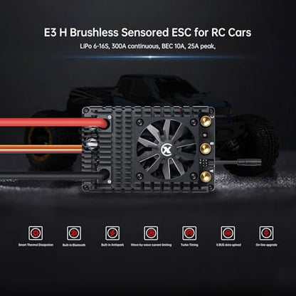 XC E3H Sensored Electric Brushless Motor Controller for RC Car, 6-16S Lipo,300A Continuous Current,10-25A、6.0/7.4/8.4V BEC,Applicable to 1/5,Support Turbo Timing and APP Control - size: E3H