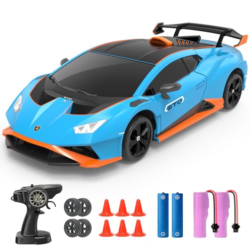 YONCHER RC Drift Car, Remote Control Car for Kids Lamborghini Officially Licensed, 1:24 20KM/H 4WD RC Cars with Lights, Fast Racing Toy Car for Boys Girls, Blue - color: Sto Blue