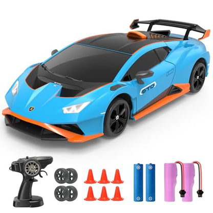 YONCHER RC Drift Car, Remote Control Car for Kids Lamborghini Officially Licensed, 1:24 20KM/H 4WD RC Cars with Lights, Fast Racing Toy Car for Boys Girls, Blue - color: Sto Blue