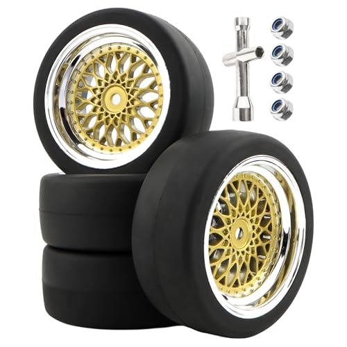4-Pack RC 1/10 Scale On Road Slick Tires OD2.55 Rubber Wheel Rims 12mm Hex Compatible with Traxxas 4 Tec 2.0 Tamiya TT01 XV01 Kyosho WR8 Sakura WLtoys HPI Touring Racing Car (Gold)