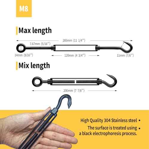 5 Pack Black Stainless Steel M8 Hook and Eye Turnbuckle, Heavy Duty Wire Rope Tensioner, Adjustable Hardware Kit for DIY String Light and Picture Hanging, Shade Sail, Cable Tightening - color: Hook and Eye, size: M8-5 Pcs