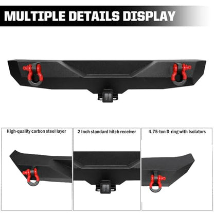 Rear Bumper for 2007-2018 Jeep JK, 2" Hitch Receiver and D-rings | Offroad Steel Bumper Full Width Fit for 2007-2018 Jeep Wrangler JK - size: 2007-2018 JK Rear Bumper