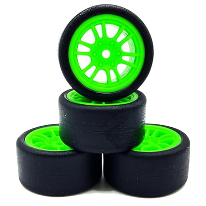 4PCS Finished Flat Running Drift Tires and Wheels 7MM Hexagon for 1/24 Losi Micro B Upgrades and 1/28 Losi Micro T Upgrades (T Green) - color: T Green