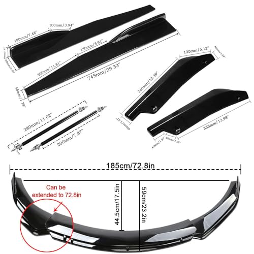 Universal Car Front Bumper Lip Spoiler Body Kits + 29"/74.5CM Side Skirt Extension Rocker Panel Body Kit + 14"/35CM Auto Rear Bumper Lip Diffuser (69''-73'' Black) - color: 69"-73" Black
