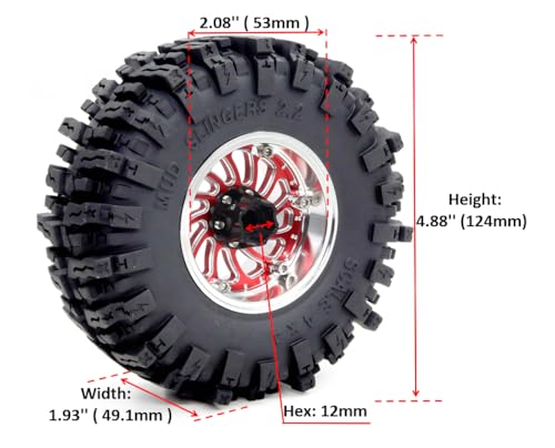 2.2 Mud Slingers Tires with Adjustable Offset 2.2 Beadlock Wheels, 124mm Tall 2.2 Tires & 40mm Wide 2.2 Rims for 1/10 RC Crawler TRX4 SCX10 Capra Upgrades,HS701585 - color: Silver & Red