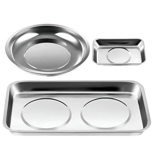 3PCS Magnetic Parts Tray, Stainless Steel Thickened Tray Set with Extra Strong Magnet, Heavy Duty Metal Parts Holder for Screws Nuts Bolts Washers Pins, Car Accessories (Tray & Bowl) - color: Tray & Bowl