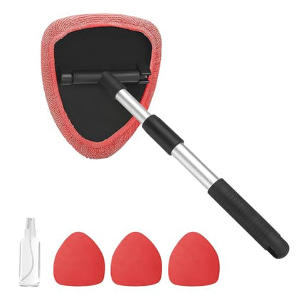 Windshield Cleaning Tool, Car Window Cleaner with Extendable Handle, 4 Microfiber Pads and Spray Bottle, Auto Interior Exterior Glass Wiper Cleaning Kit Universal for RV, SUV, Truck (Red) - color: Red