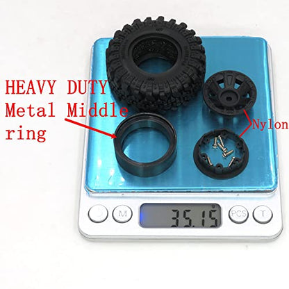 HOBBYSOUL 1.0 Crawler Tires Mounted on 1.0 Beadlock Wheels 7mm Hex, SCX24 Tires and Wheels (with Heavy Duty Metal Middle Rings, 21g/Ring) for 1/24 RC Crawler Axial SCX24 90081 AXI00001, (4-Pack)