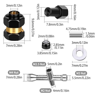 4 Pieces Brass 7mm Hex Extended Wheel Hubs Wheel Spacers Axle Extension Combiner w/Locknuts and Wrench, Compatible with Axial SCX24 1/24 RC Crawler Car