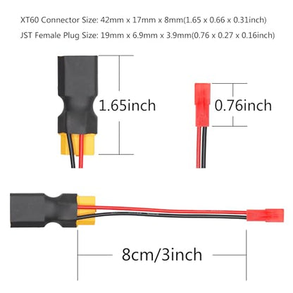 XT60 Connector Adapter with JST Plug 3", 20AWG Cable, Gold-Plated Plug | 3Pcs XT60 Male to Female Connector with JST Female Plug, for RC Lithium Battery Drone Quadcopter etc - style: XT60 Male to Female Connector with JST (Female) - 3Pcs