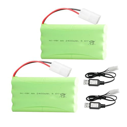 2Pcs 9.6V 2400mAh NI-MH AA Battery Pack RC Replacement Rechargeable Battery with KET-2P USB Charger Cable for Toys,Drone,Remote Control Car Accessory