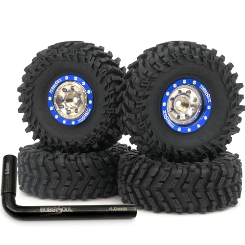 RC Soft Sticky 1.0 Mud tires 64mm & Metal 1.0 beadlock wheels +1mm / -3mm Offset Rims Blue Champagne For RC Micro Crawler 1/18 TRX4M FMS24 FCX24 1/24 SCX24 - color: Blue & Champagne