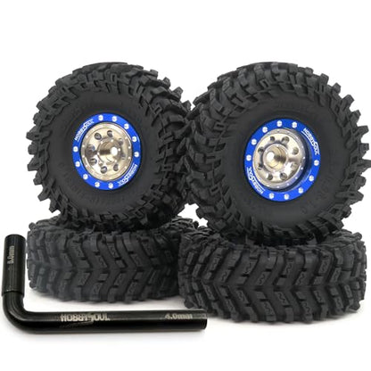 RC Soft Sticky 1.0 Mud tires 64mm & Metal 1.0 beadlock wheels +1mm / -3mm Offset Rims Blue Champagne For RC Micro Crawler 1/18 TRX4M FMS24 FCX24 1/24 SCX24 - color: Blue & Champagne