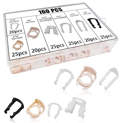 Fuel Line Retainer Clips, 3/8" & 5/16" Durable Nylon Gas Tank Repair Kit, 7 Size Fuel Line Retaining Clamp Assortment Replacement Kit Compatible with Ford, GM, Chrysler (160PCS) - size: 160PCS