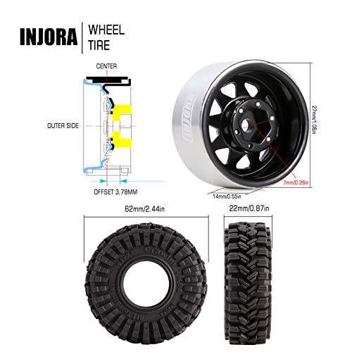 INJORA 1.0 Beadlock Wheel Tires Set -3.78mm Offset for 1/18 1/24 RC, Black - color: Black