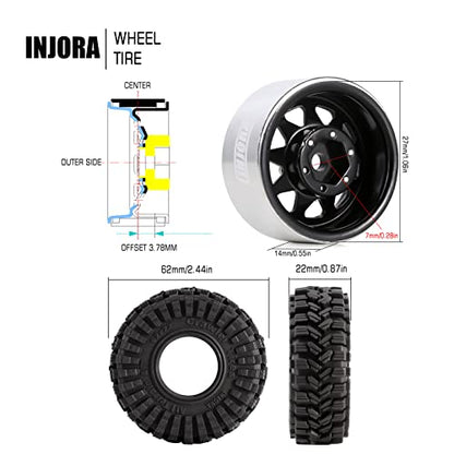 INJORA 1.0 Beadlock Wheel Tires Set -3.78mm Offset for 1/18 1/24 RC, Black - color: Black