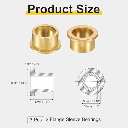 uxcell 3Pcs Flange Sleeve Bearings, 30mm Bore x 38mm OD x 25mm Length, Self-Lubricating Sintered Bronze Bushings - size: 30mm Bore x 38mm OD x 25mm Length