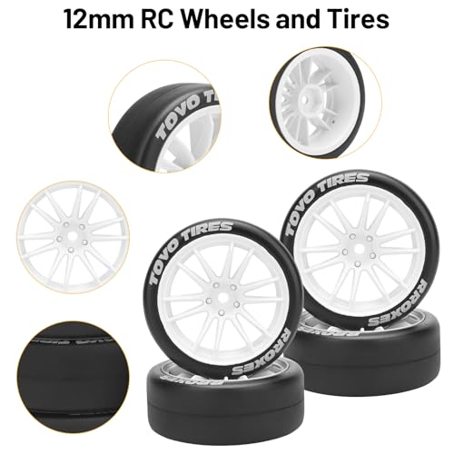 12mm RC Drift Tires and Wheels, daitoku 1/10 RC Rally Racing Tires for Tamiya Traxxas HPI KYOSHO XV02 XV01 TT01 TT02 PTG2 A959 - Style D (White) - color: White