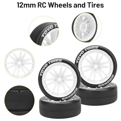 12mm RC Drift Tires and Wheels, daitoku 1/10 RC Rally Racing Tires for Tamiya Traxxas HPI KYOSHO XV02 XV01 TT01 TT02 PTG2 A959 - Style D (White) - color: White