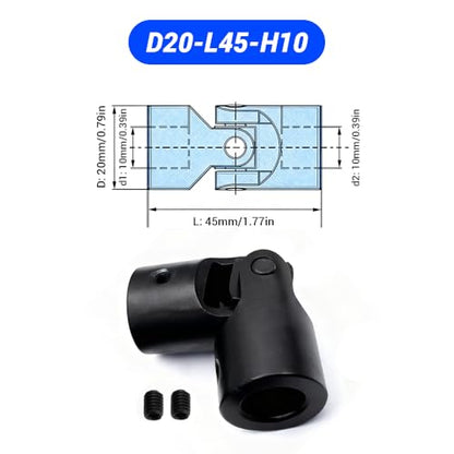 10mm to 10mm Universal Joint Coupling, D20 L45 Carbon Steel Rotatable Steering Shaft U Joint Coupler Motor Connector for DIY Model RC Car Robot - size: D20-L45-H10, style: No Keyway