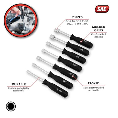 Performance Tool 1910 7-Piece SAE Nut Driver Set for Tightening and Loosening Fasteners with Comfortable Grip Handles and Convenient Storage Case