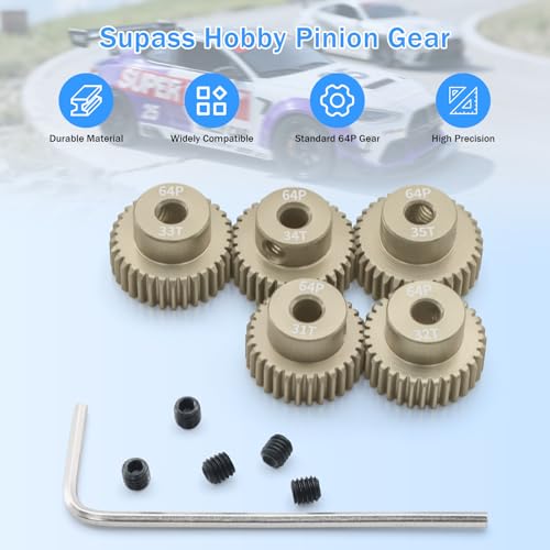 Surpass Hobby 64P Pinion Gear Set 3.175mm Shaft 31T 32T 33T 34T 35T 7075 Aluminum Alloy Motor Gears for 1/10 RC Car (5pcs) - size: 31T 32T 33T 34T 35T