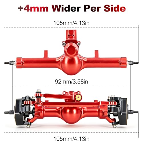 OGRC +4mm Axles with Double Joint Shaft & Brass Steering Knuckle for SCX24 | Aluminum Axle Housing, Brass Steering Knuckles, Stock 2/16T Gears, for Axial SCX24 AX24 1/24 RC Crawler, Red - color: Red
